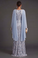 Laden Sie das Bild in den Galerie-Viewer, Hellblau Meerjungfrau Blumenmuster Glitzer Langes Abendkleid mit Cape