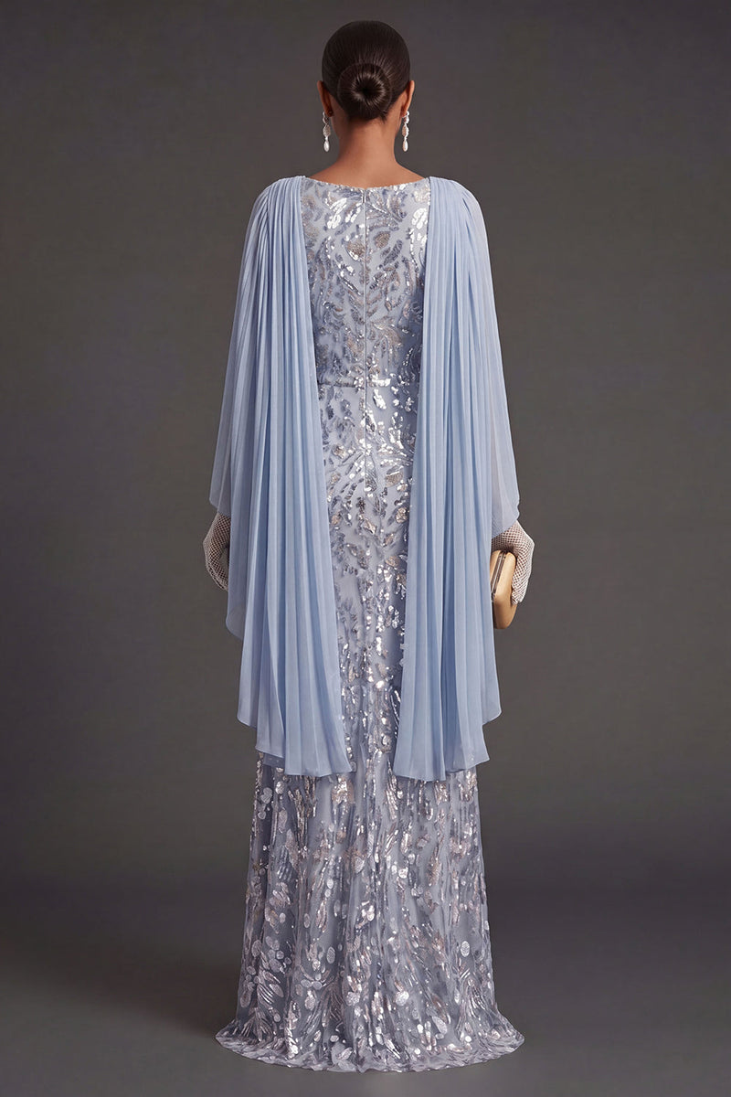 Laden Sie das Bild in den Galerie-Viewer, Hellblau Meerjungfrau Blumenmuster Glitzer Langes Abendkleid mit Cape