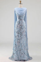 Laden Sie das Bild in den Galerie-Viewer, Hellblau Meerjungfrau Blumenmuster Glitzer Langes Abendkleid mit Cape