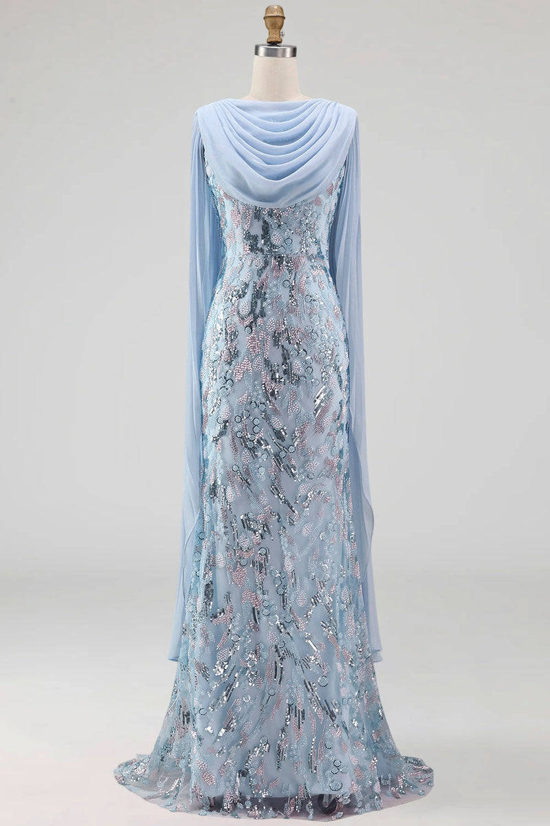 Laden Sie das Bild in den Galerie-Viewer, Hellblau Meerjungfrau Blumenmuster Glitzer Langes Abendkleid mit Cape