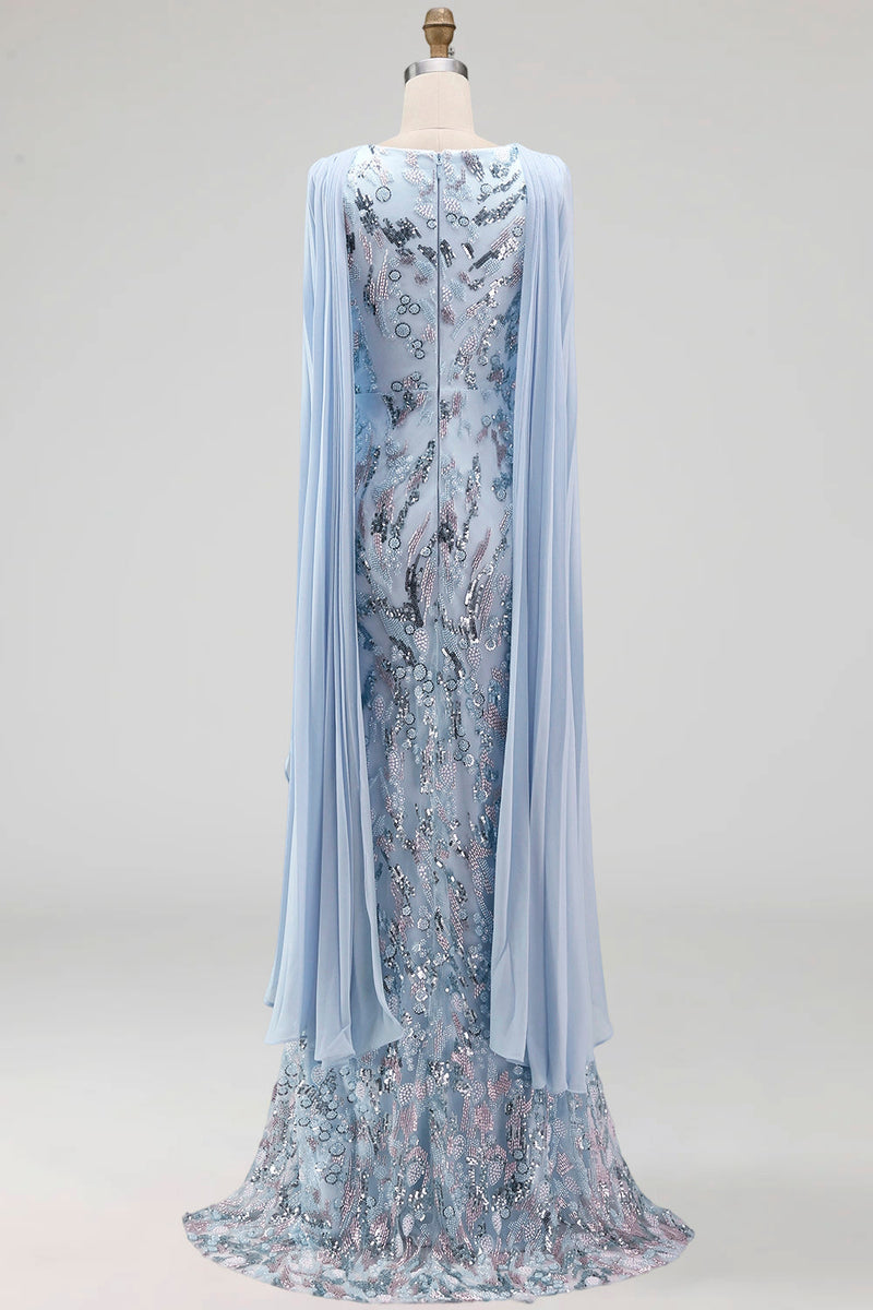 Laden Sie das Bild in den Galerie-Viewer, Hellblau Meerjungfrau Blumenmuster Glitzer Langes Abendkleid mit Cape