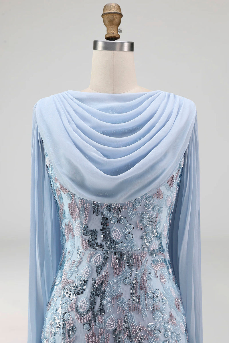 Laden Sie das Bild in den Galerie-Viewer, Hellblau Meerjungfrau Blumenmuster Glitzer Langes Abendkleid mit Cape