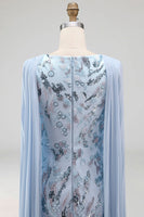Laden Sie das Bild in den Galerie-Viewer, Hellblau Meerjungfrau Blumenmuster Glitzer Langes Abendkleid mit Cape