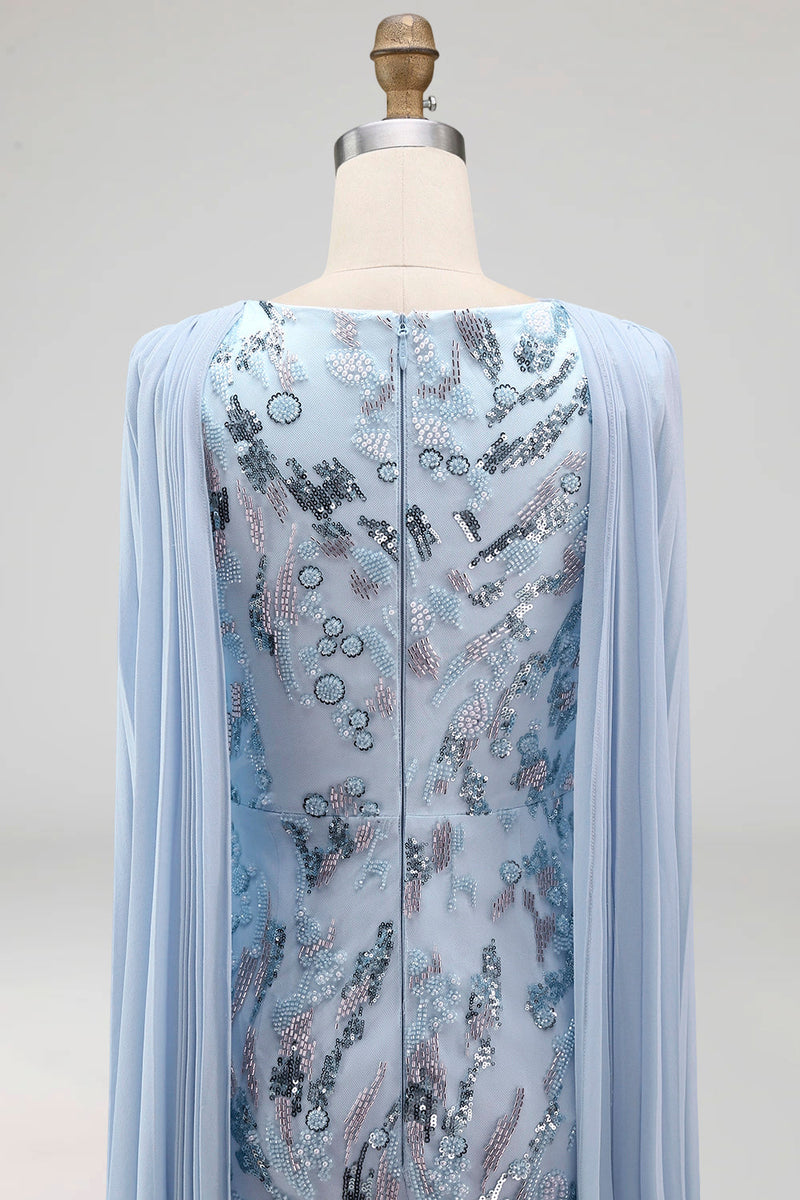 Laden Sie das Bild in den Galerie-Viewer, Hellblau Meerjungfrau Blumenmuster Glitzer Langes Abendkleid mit Cape