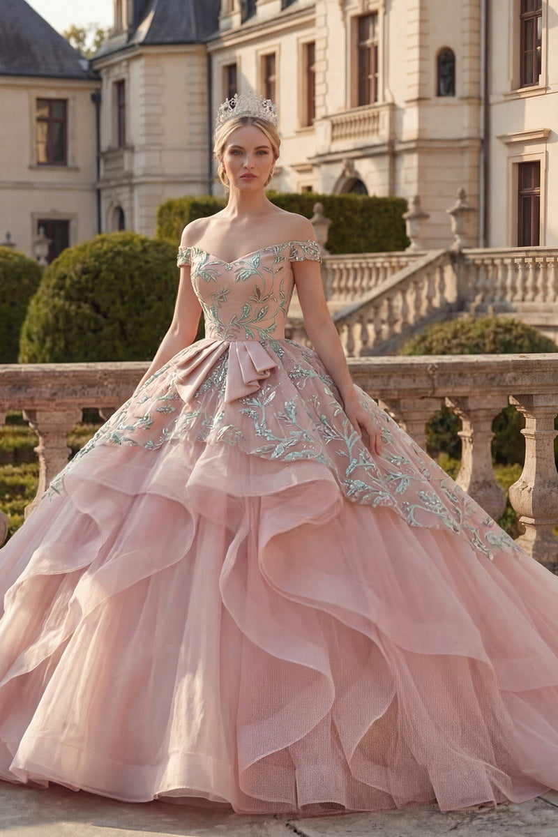 Laden Sie das Bild in den Galerie-Viewer, Rouge Applikationen Lang Rüschen Prinzessin Quinceañera-Kleid mit Schärpe