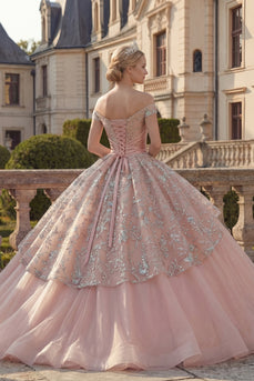 Rouge Applikationen Lang Rüschen Prinzessin Quinceañera-Kleid mit Schärpe