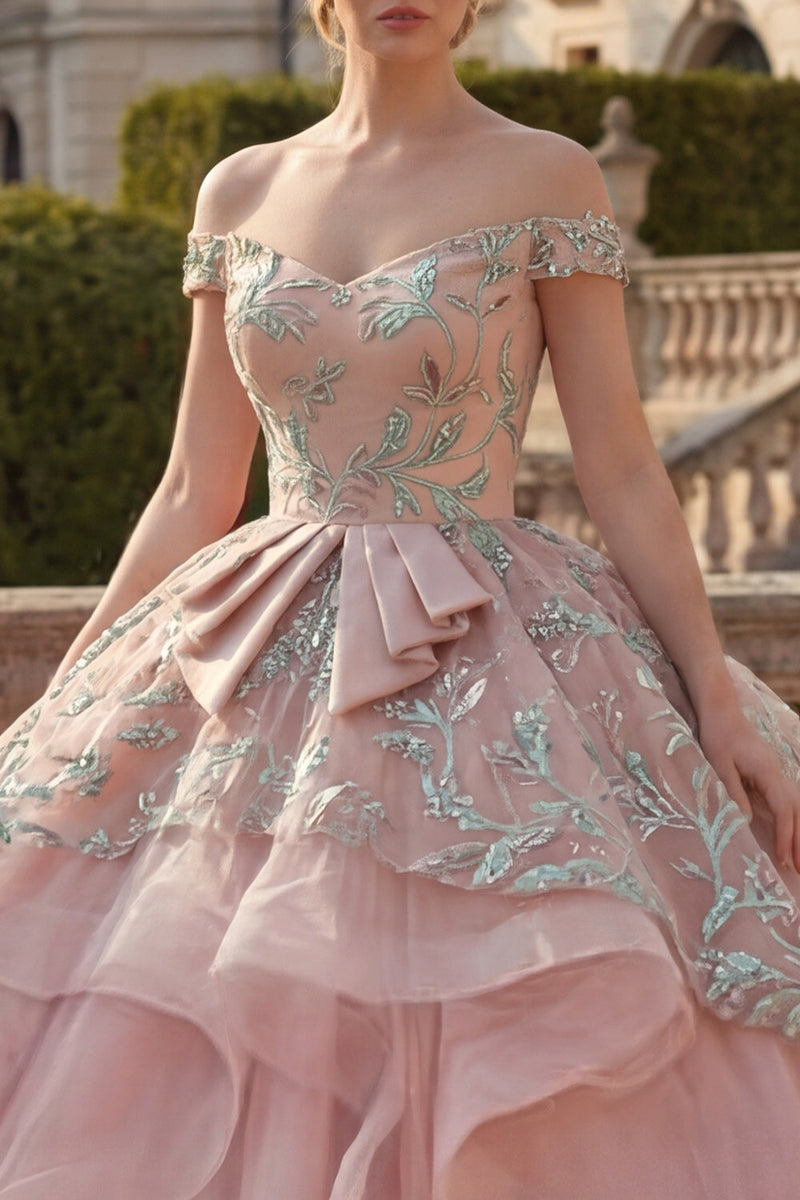 Laden Sie das Bild in den Galerie-Viewer, Rouge Applikationen Lang Rüschen Prinzessin Quinceañera-Kleid mit Schärpe