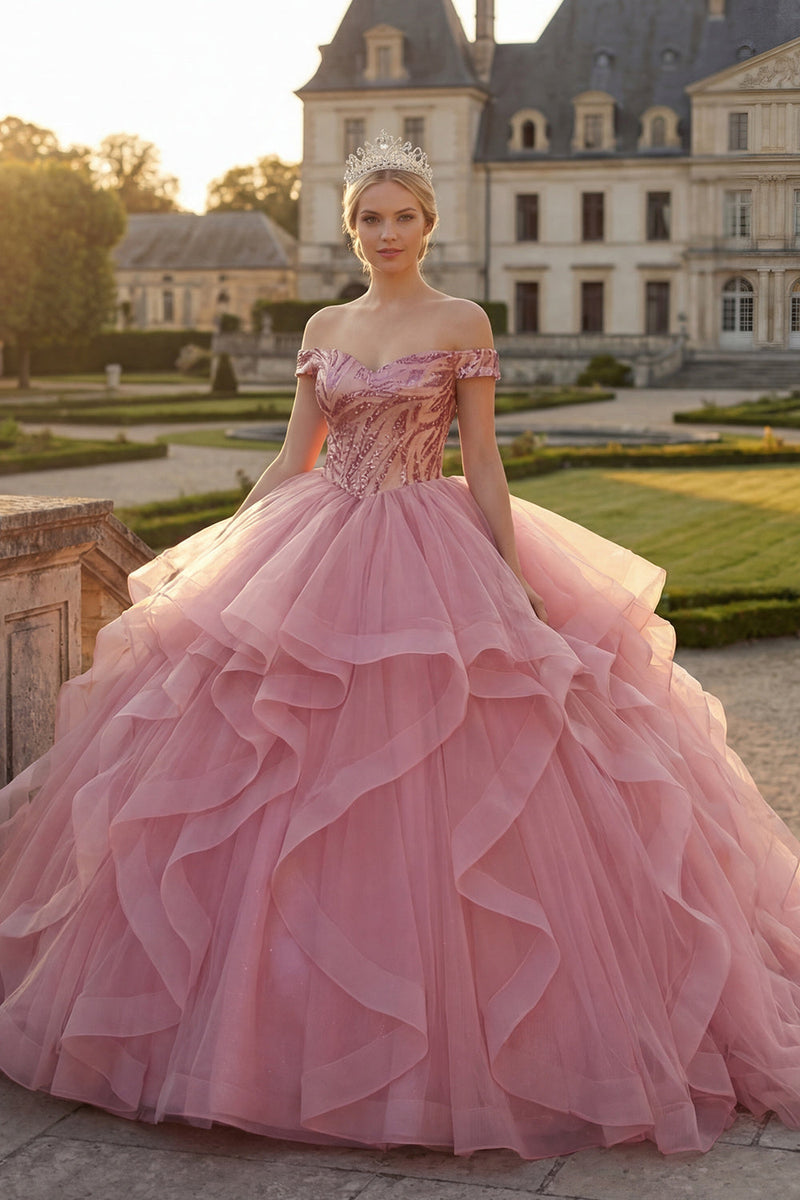 Laden Sie das Bild in den Galerie-Viewer, Rosa Paillette Lang Prinzessin Quinceañera-Kleid mit Rüschen
