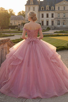 Rosa Paillette Lang Prinzessin Quinceañera-Kleid mit Rüschen