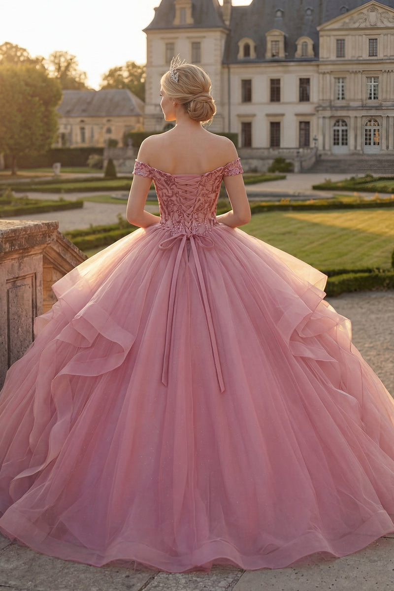 Laden Sie das Bild in den Galerie-Viewer, Rosa Paillette Lang Prinzessin Quinceañera-Kleid mit Rüschen