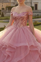 Laden Sie das Bild in den Galerie-Viewer, Rosa Paillette Lang Prinzessin Quinceañera-Kleid mit Rüschen