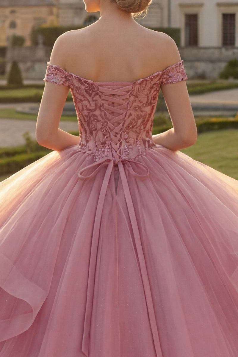 Laden Sie das Bild in den Galerie-Viewer, Rosa Paillette Lang Prinzessin Quinceañera-Kleid mit Rüschen