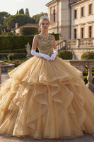 Laden Sie das Bild in den Galerie-Viewer, Senfgelb Perlenverziert Lange Prinzessin Quinceañera Kleid mit Rüschen