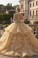 Laden Sie das Bild in den Galerie-Viewer, Senfgelb Perlenverziert Lange Prinzessin Quinceañera Kleid mit Rüschen