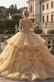 Senfgelb Perlenverziert Lange Prinzessin Quinceañera Kleid mit Rüschen
