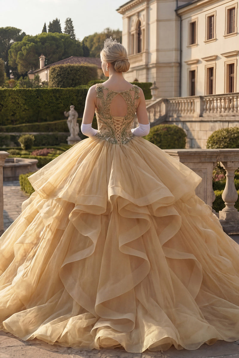 Laden Sie das Bild in den Galerie-Viewer, Senfgelb Perlenverziert Lange Prinzessin Quinceañera Kleid mit Rüschen