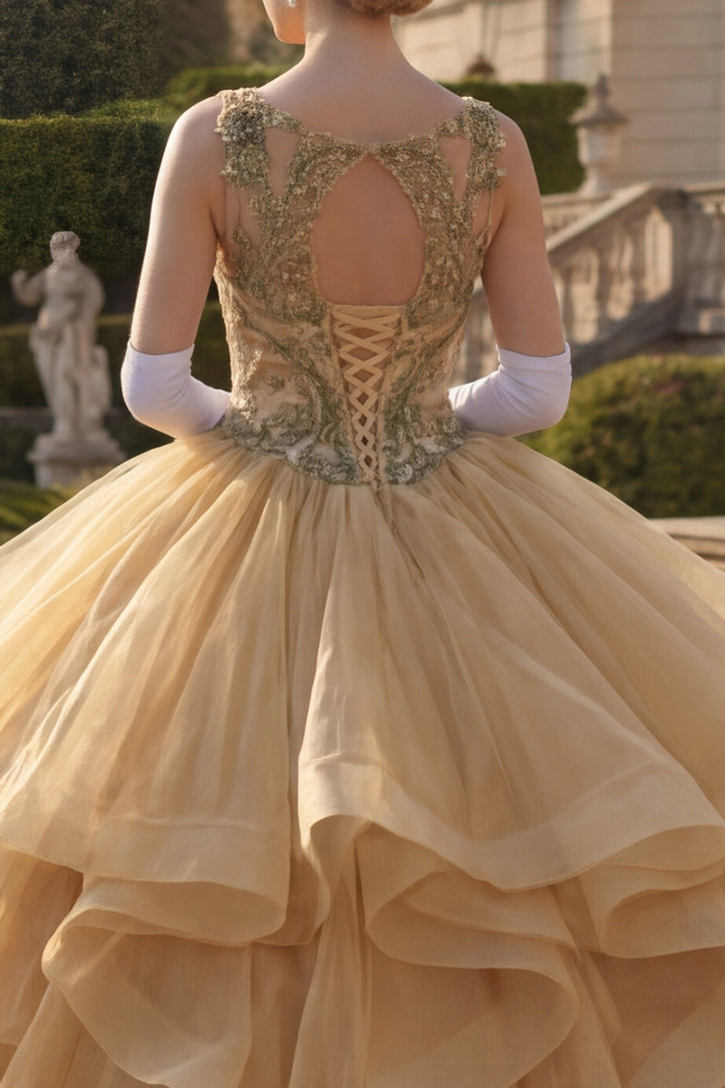 Laden Sie das Bild in den Galerie-Viewer, Senfgelb Perlenverziert Lange Prinzessin Quinceañera Kleid mit Rüschen