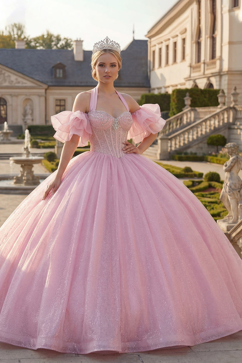 Laden Sie das Bild in den Galerie-Viewer, Korsett Halfter Rosa Perlenverziert Lange Prinzessin Glitzer Quinceañera Kleid mit Rüschen