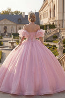 Laden Sie das Bild in den Galerie-Viewer, Korsett Halfter Rosa Perlenverziert Lange Prinzessin Glitzer Quinceañera Kleid mit Rüschen