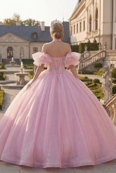 Korsett Halfter Rosa Perlenverziert Lange Prinzessin Glitzer Quinceañera Kleid mit Rüschen