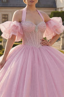 Laden Sie das Bild in den Galerie-Viewer, Korsett Halfter Rosa Perlenverziert Lange Prinzessin Glitzer Quinceañera Kleid mit Rüschen