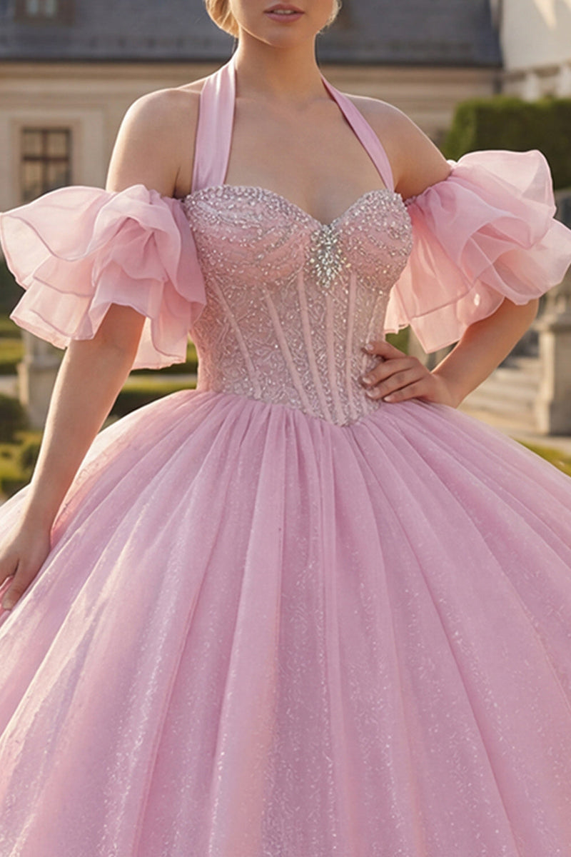 Laden Sie das Bild in den Galerie-Viewer, Korsett Halfter Rosa Perlenverziert Lange Prinzessin Glitzer Quinceañera Kleid mit Rüschen