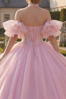 Laden Sie das Bild in den Galerie-Viewer, Korsett Halfter Rosa Perlenverziert Lange Prinzessin Glitzer Quinceañera Kleid mit Rüschen