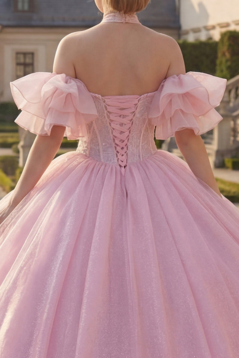 Laden Sie das Bild in den Galerie-Viewer, Korsett Halfter Rosa Perlenverziert Lange Prinzessin Glitzer Quinceañera Kleid mit Rüschen