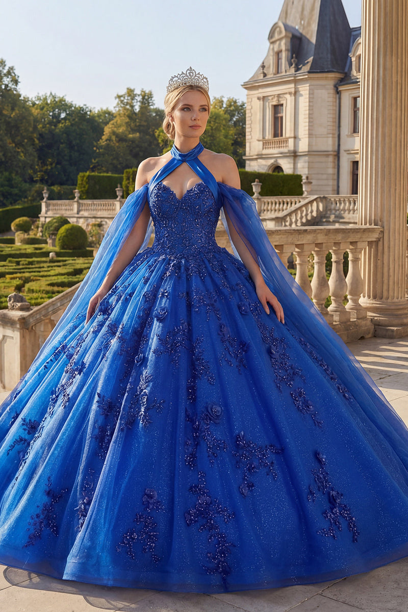 Laden Sie das Bild in den Galerie-Viewer, Glitzerndes Königsblau Perlenverziert Lang Prinzessin Blumen Quinceañera Kleid mit Cape