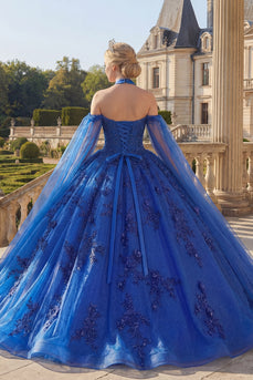 Glitzerndes Königsblau Perlenverziert Lang Prinzessin Blumen Quinceañera Kleid mit Cape