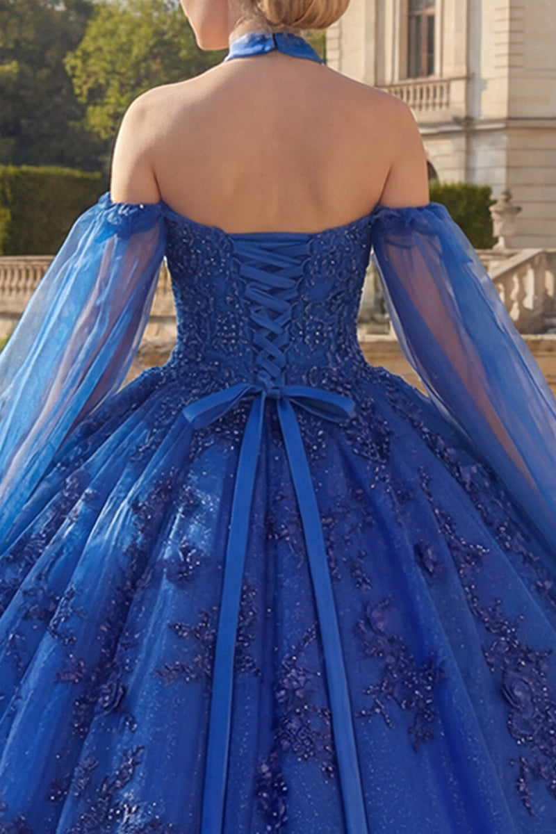 Laden Sie das Bild in den Galerie-Viewer, Glitzerndes Königsblau Perlenverziert Lang Prinzessin Blumen Quinceañera Kleid mit Cape