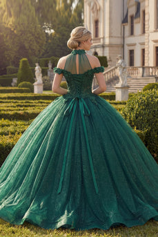Dunkelgrün Hoher Kragen Prinzessin Glitzer Lang Blumen Quinceañera Kleid