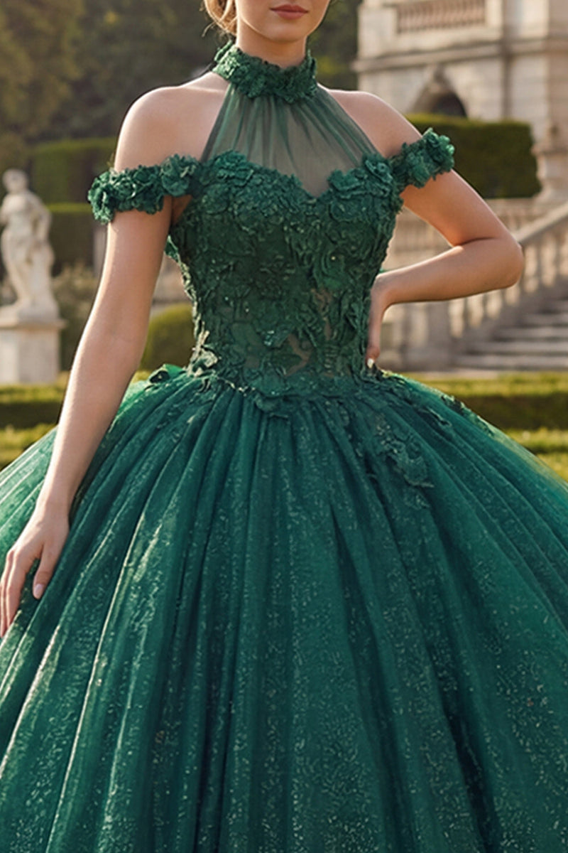 Laden Sie das Bild in den Galerie-Viewer, Dunkelgrün Hoher Kragen Prinzessin Glitzer Lang Blumen Quinceañera Kleid