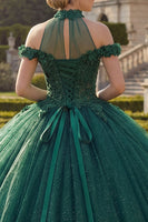 Laden Sie das Bild in den Galerie-Viewer, Dunkelgrün Hoher Kragen Prinzessin Glitzer Lang Blumen Quinceañera Kleid