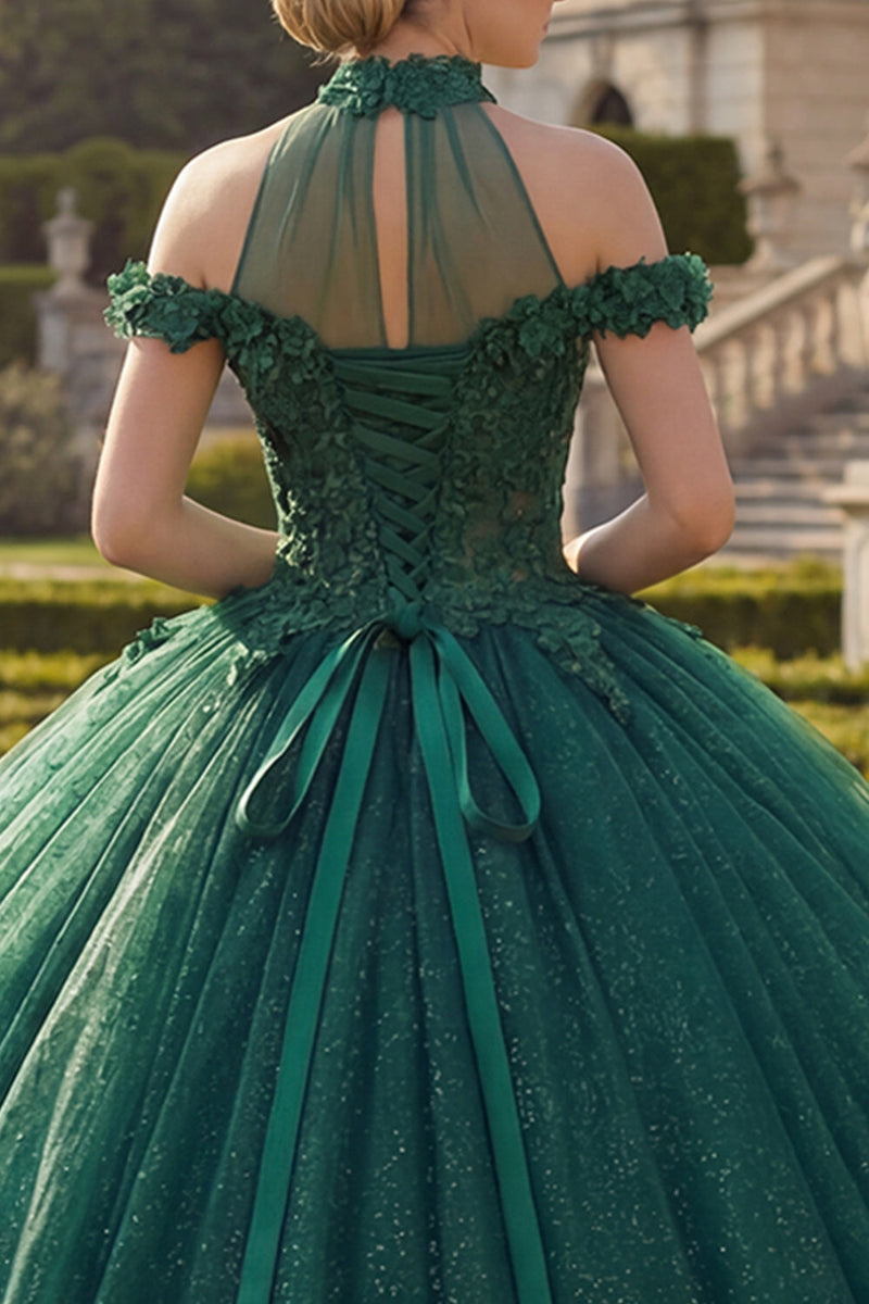 Laden Sie das Bild in den Galerie-Viewer, Dunkelgrün Hoher Kragen Prinzessin Glitzer Lang Blumen Quinceañera Kleid