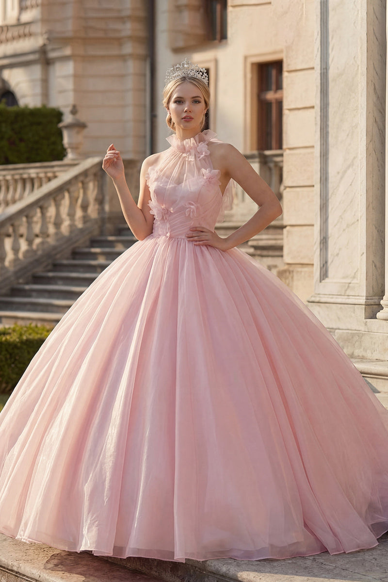 Laden Sie das Bild in den Galerie-Viewer, Rouge Hoher Kragen Blumen Gerafft Lange Prinzessin Quinceañera Kleid