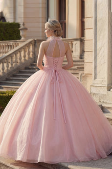 Rouge Hoher Kragen Blumen Gerafft Lange Prinzessin Quinceañera Kleid