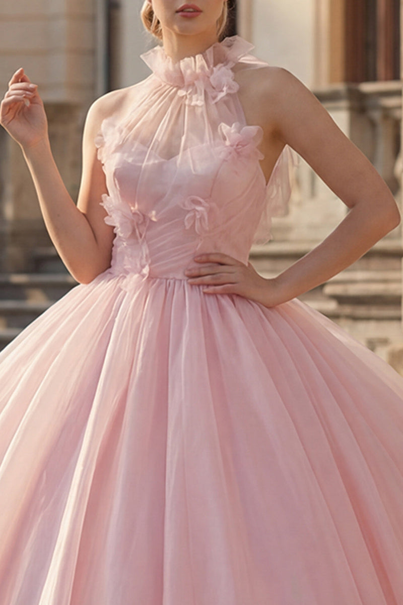 Laden Sie das Bild in den Galerie-Viewer, Rouge Hoher Kragen Blumen Gerafft Lange Prinzessin Quinceañera Kleid