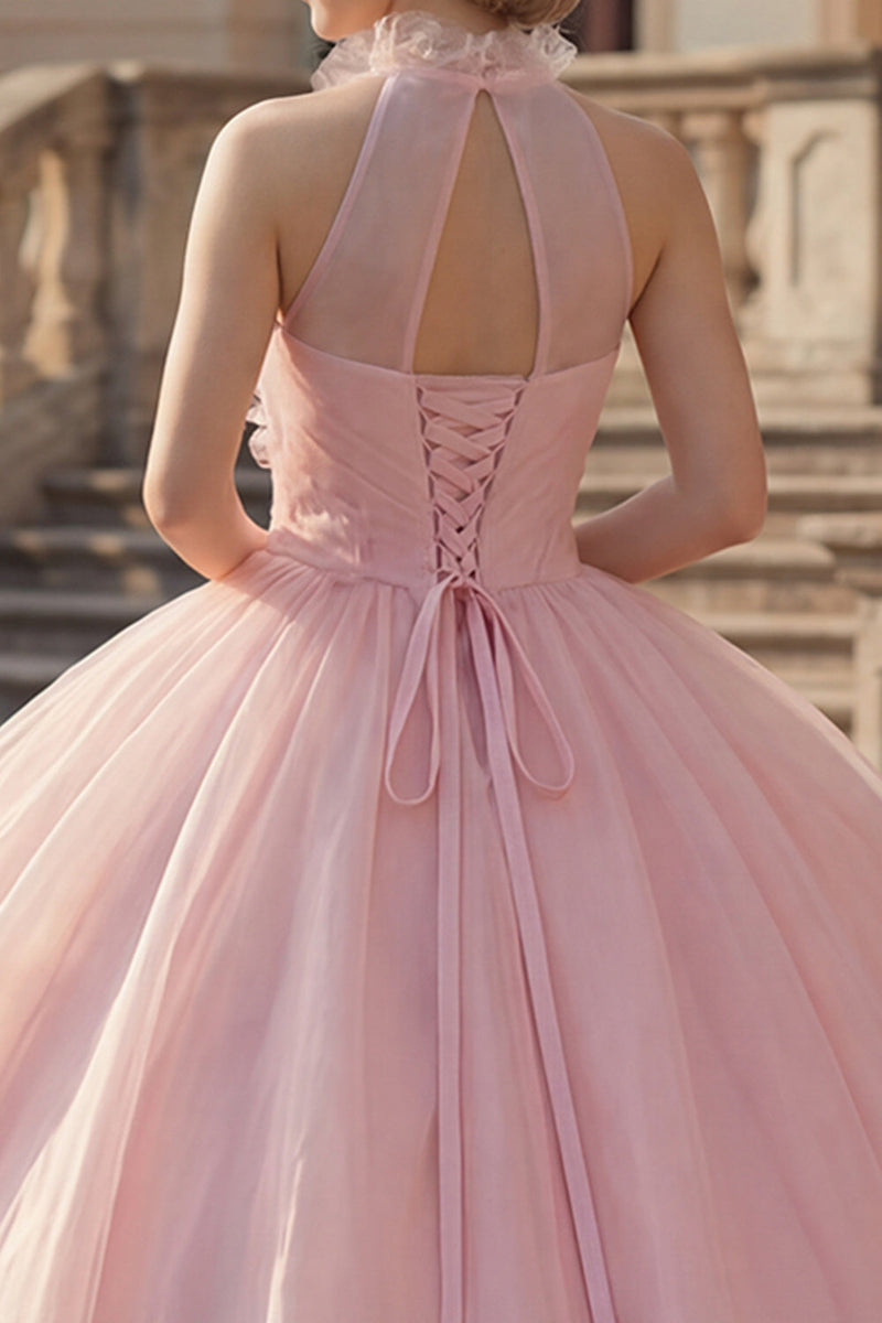 Laden Sie das Bild in den Galerie-Viewer, Rouge Hoher Kragen Blumen Gerafft Lange Prinzessin Quinceañera Kleid