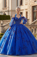 Laden Sie das Bild in den Galerie-Viewer, Perlenverziert Prinzessin Glitzer Königsblau Lang Blumen Quinceañera Kleid mit Schleife