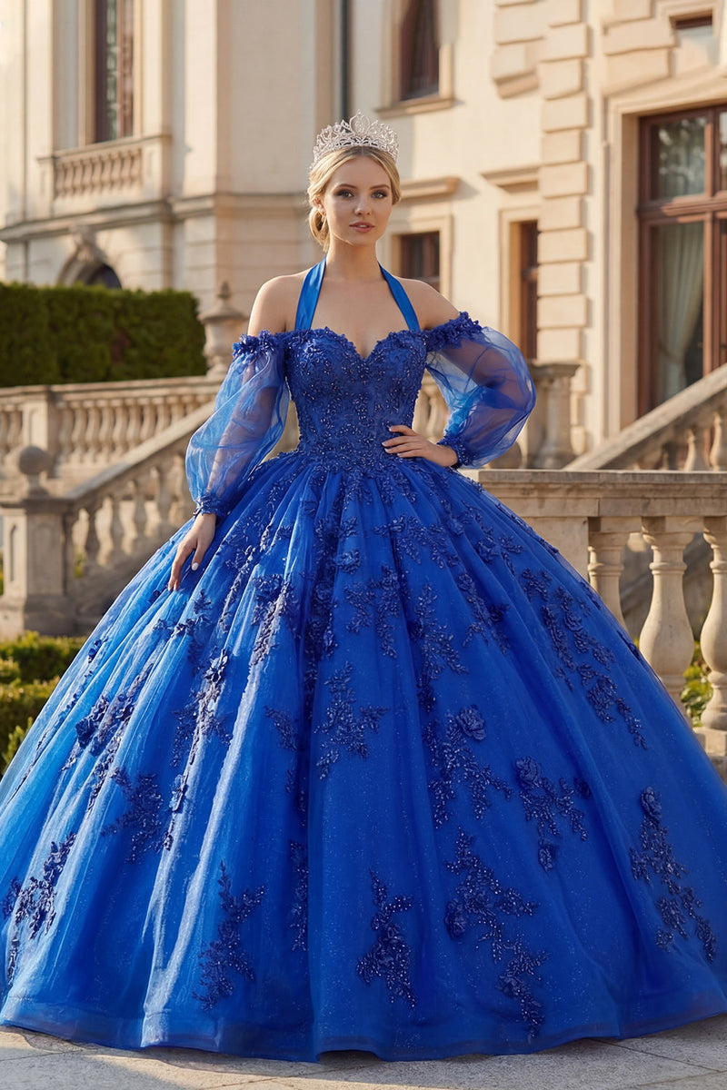 Laden Sie das Bild in den Galerie-Viewer, Perlenverziert Prinzessin Glitzer Königsblau Lang Blumen Quinceañera Kleid mit Schleife