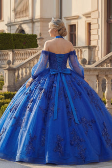 Perlenverziert Prinzessin Glitzer Königsblau Lang Blumen Quinceañera Kleid mit Schleife