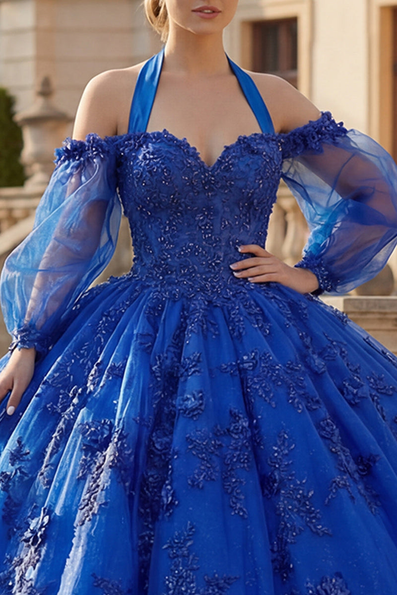 Laden Sie das Bild in den Galerie-Viewer, Perlenverziert Prinzessin Glitzer Königsblau Lang Blumen Quinceañera Kleid mit Schleife