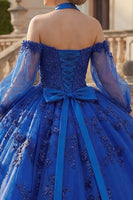 Laden Sie das Bild in den Galerie-Viewer, Perlenverziert Prinzessin Glitzer Königsblau Lang Blumen Quinceañera Kleid mit Schleife