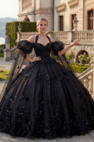 Laden Sie das Bild in den Galerie-Viewer, Perlenverziert Prinzessin Glitzer Schwarz Lang Blumen Quinceañera Kleid mit Cape