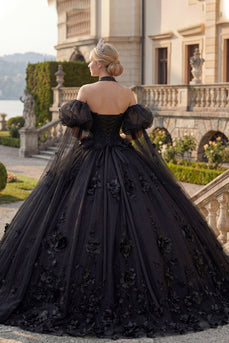 Perlenverziert Prinzessin Glitzer Schwarz Lang Blumen Quinceañera Kleid mit Cape