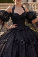 Laden Sie das Bild in den Galerie-Viewer, Perlenverziert Prinzessin Glitzer Schwarz Lang Blumen Quinceañera Kleid mit Cape