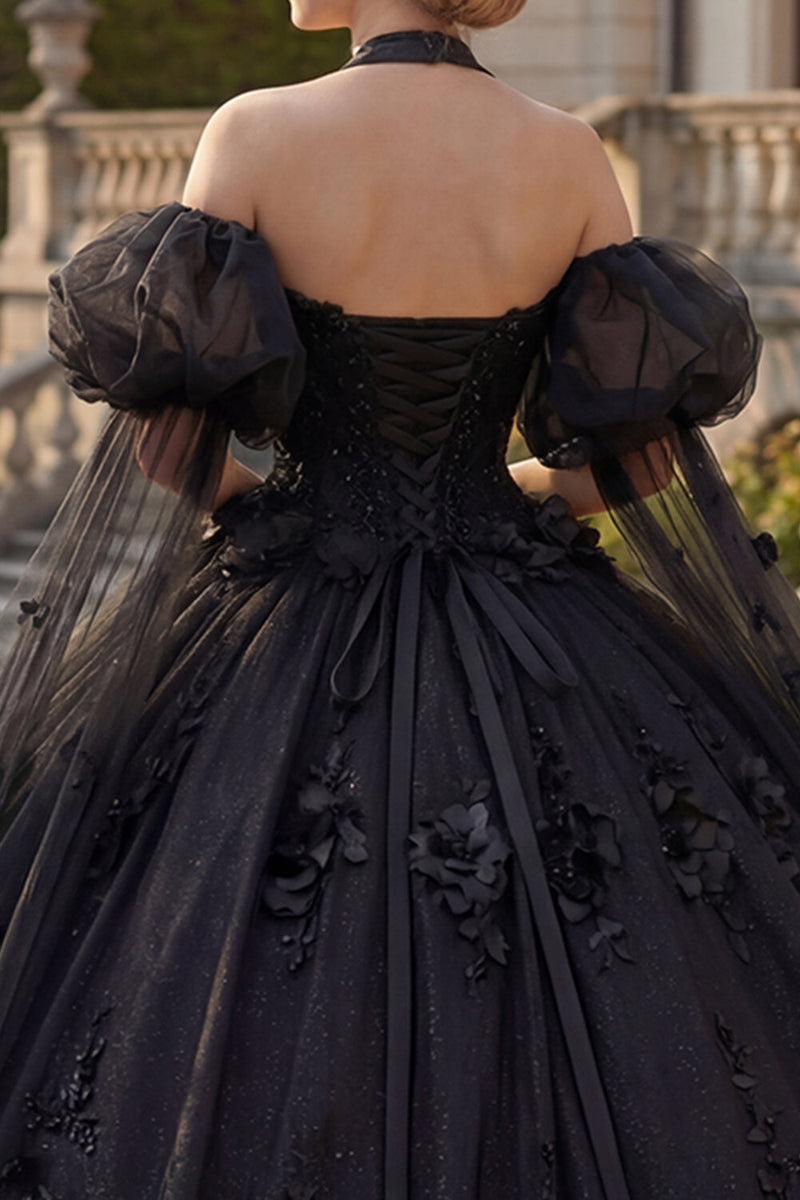 Laden Sie das Bild in den Galerie-Viewer, Perlenverziert Prinzessin Glitzer Schwarz Lang Blumen Quinceañera Kleid mit Cape