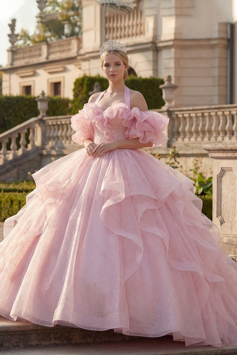 Laden Sie das Bild in den Galerie-Viewer, Prinzessin Glitzer Rouge Lang Halfter Quinceañera Kleid mit Rüschen