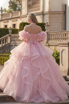 Prinzessin Glitzer Rouge Lang Halfter Quinceañera Kleid mit Rüschen
